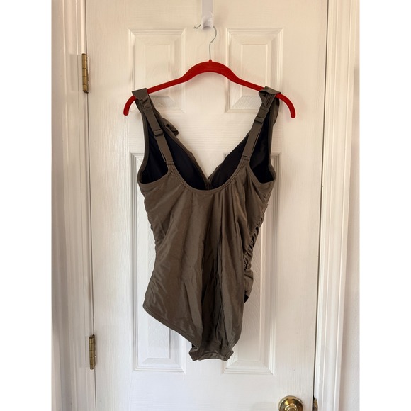 DKNY One Piece Swimsuit Ruched Ruffle V Neck Olive Green Medium - Picture 3 of 4